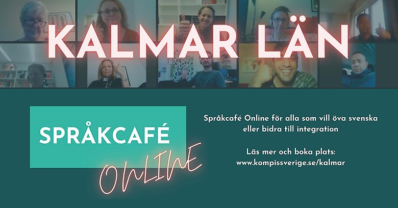 Flera personer i ett digitalt möte och texten Språkcafé online